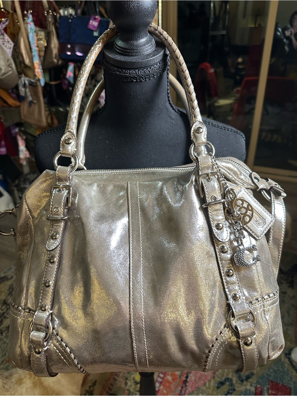 Coach Penelope Metallic Silver Leather Satchel/Crossbody  with Studded Details